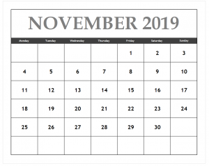 Editable November 2019 Calendar Template