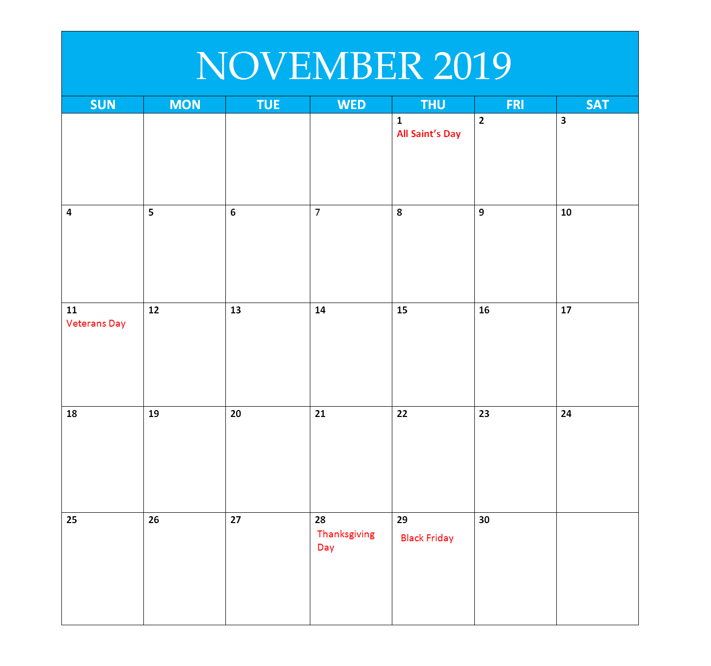 November 2019 Holidays Calendar USA