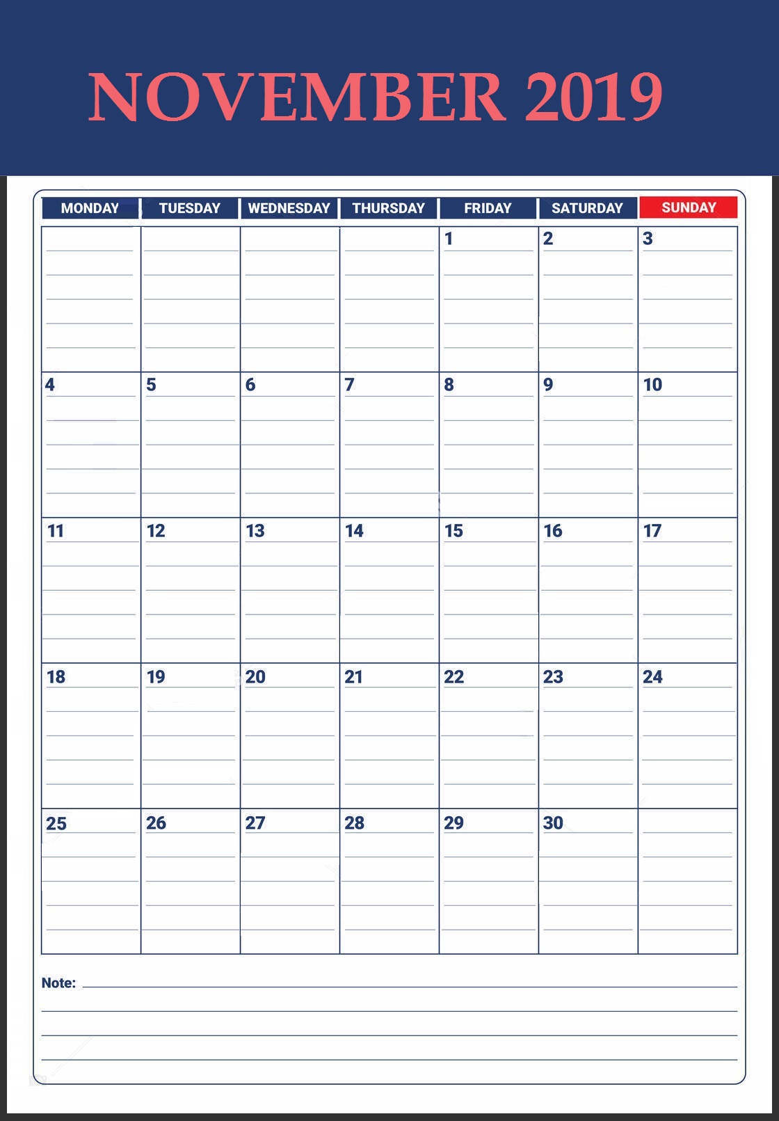November 2019 Office Table Calendar