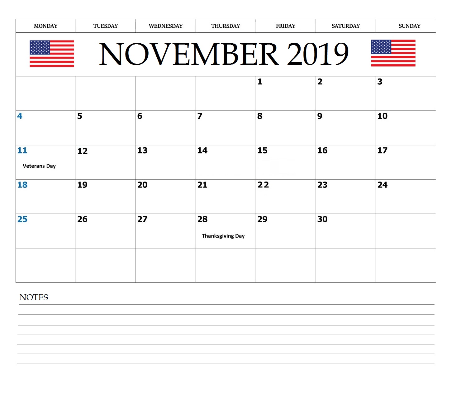 November 2019 USA Federal Holidays Calendar