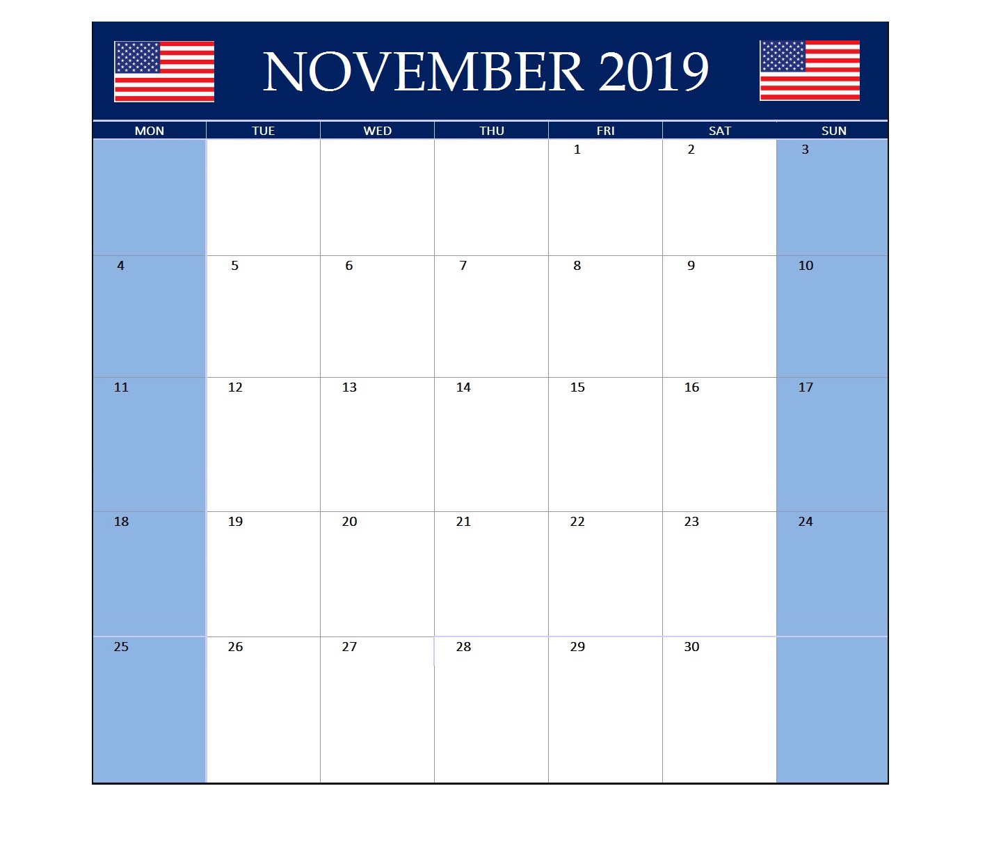 November 2019 United States Holidays Calendar