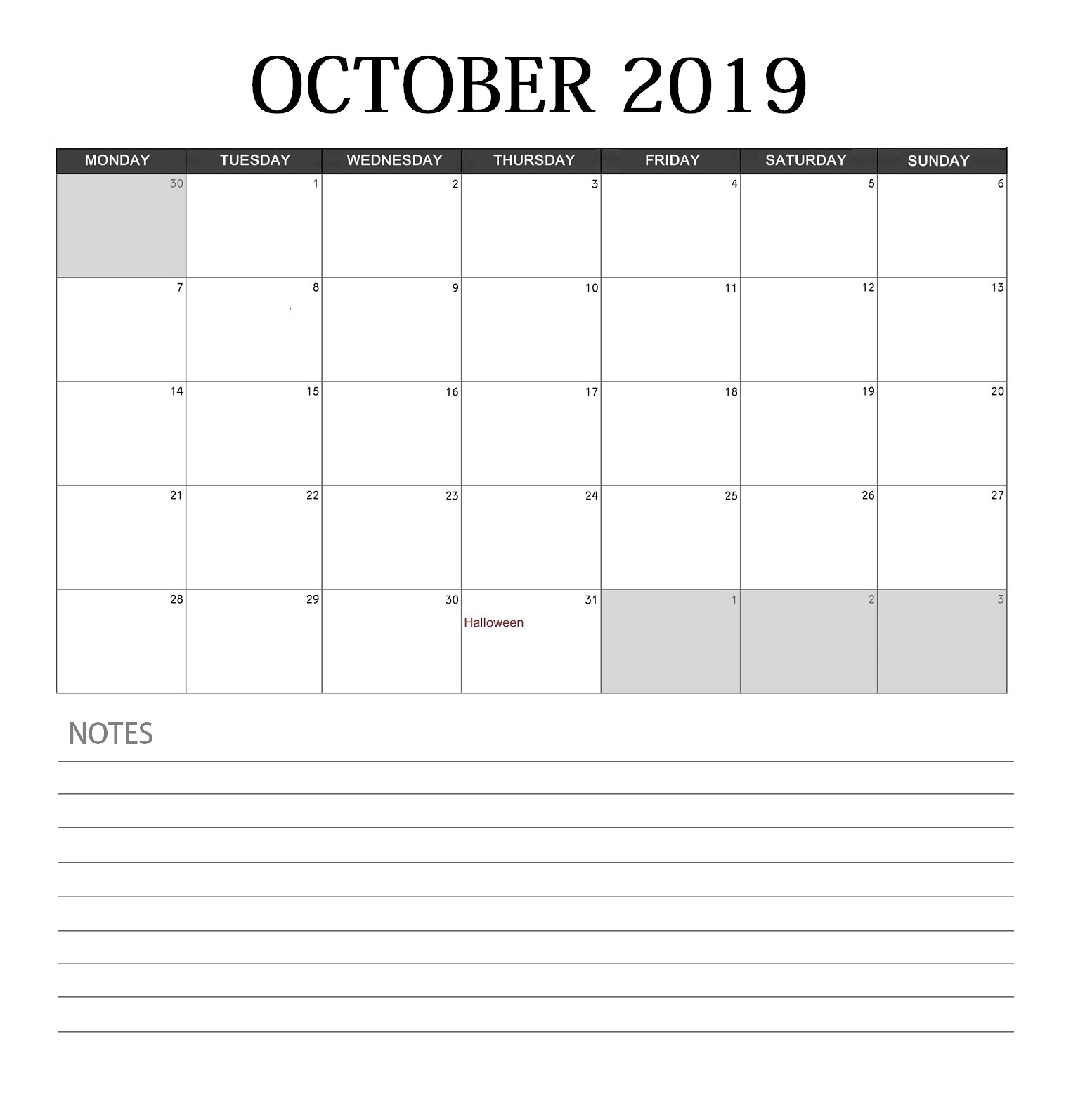 October 2019 Blank Calendar Planner