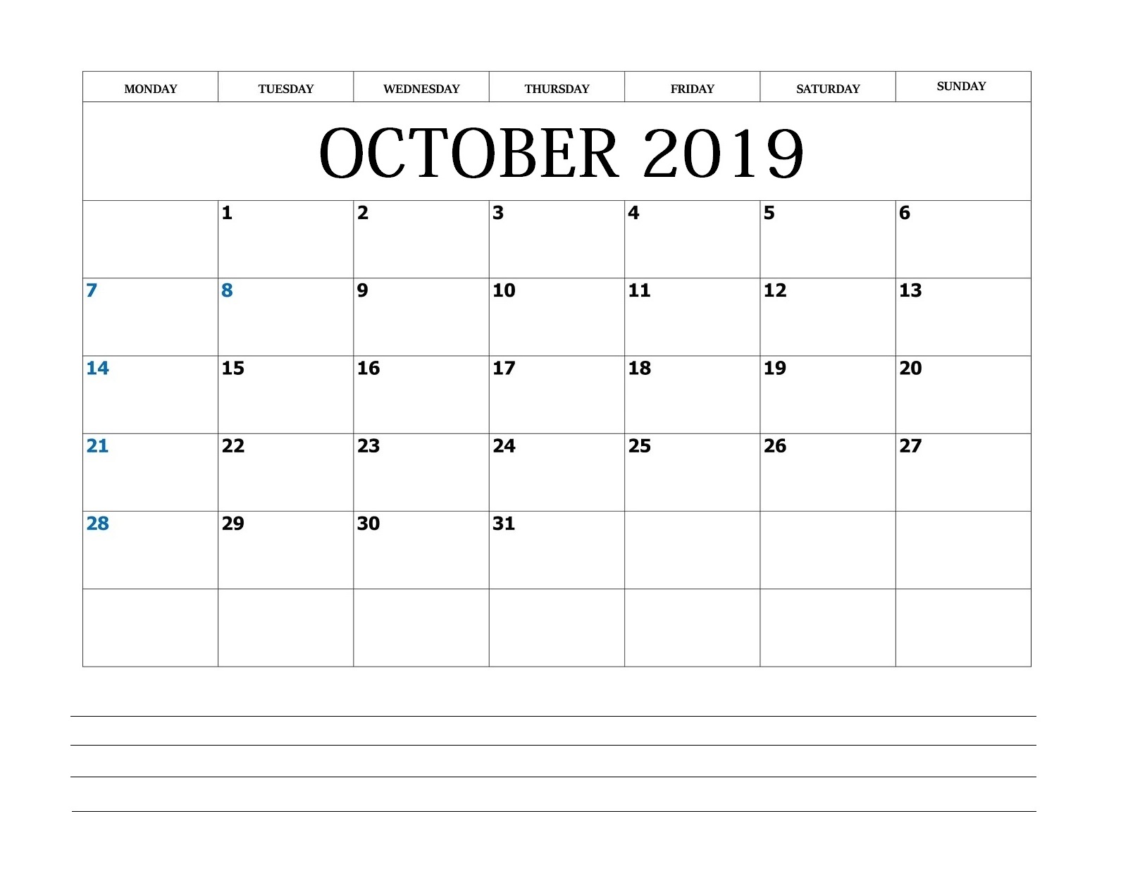 October 2019 Blank Calendar With Notes