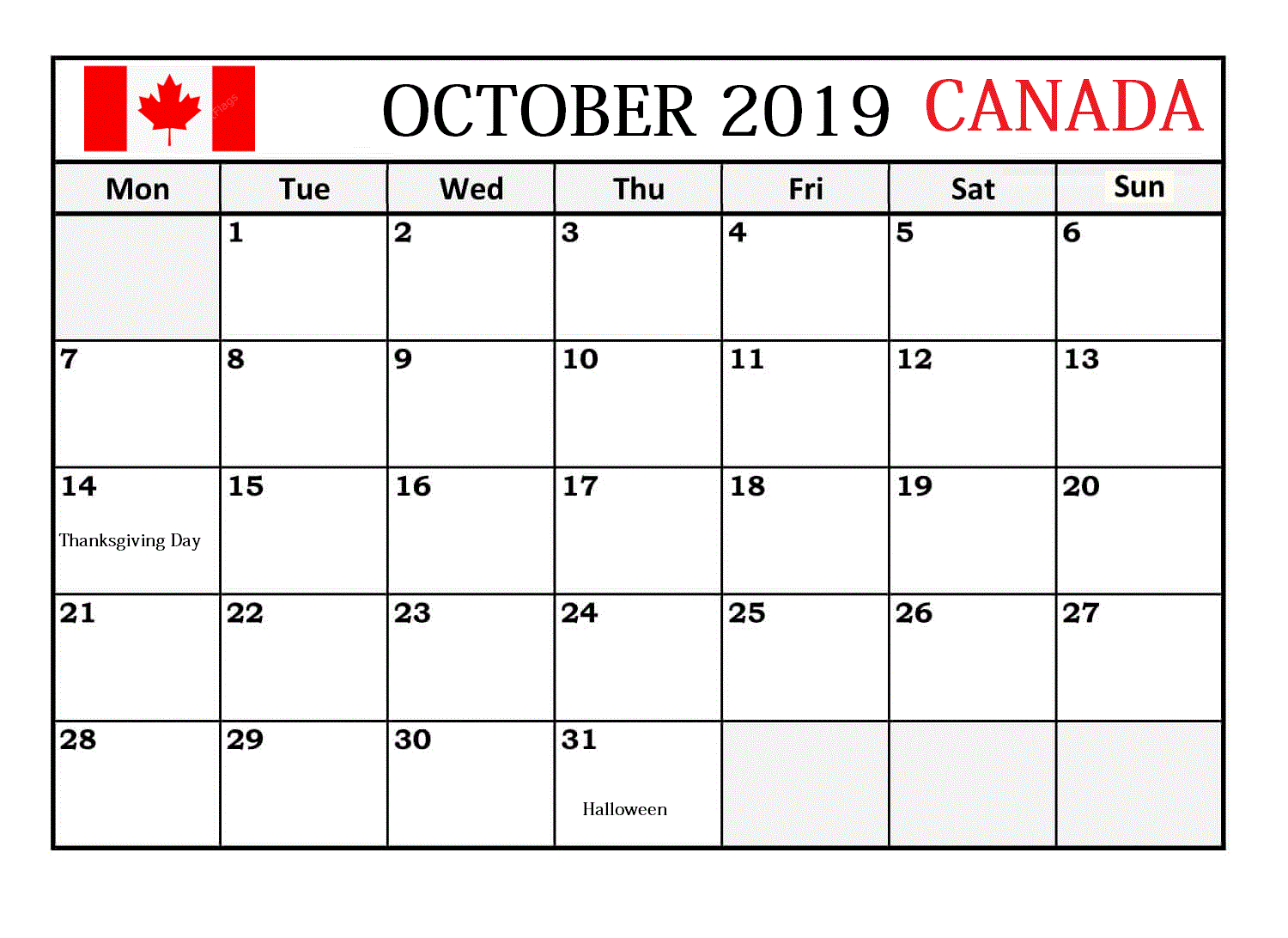 October 2019 Calendar Canada