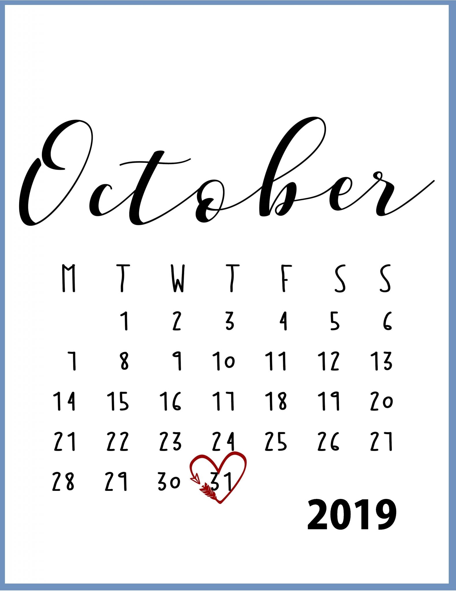 October 2019 Calendar For Desk