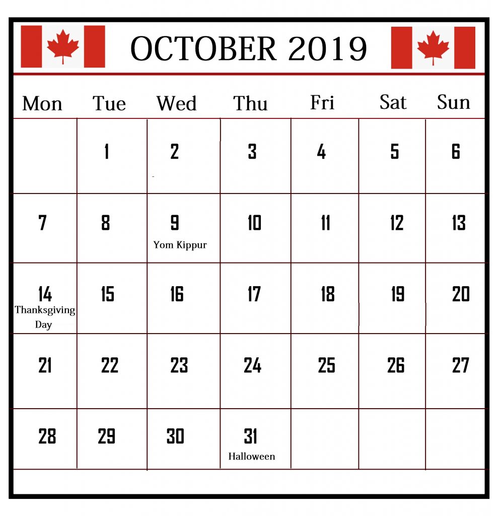 October 2019 Canada Holidays Calendar