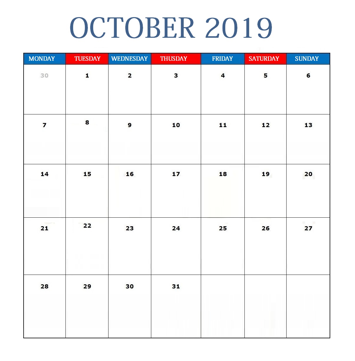 October 2019 Editable Calendar