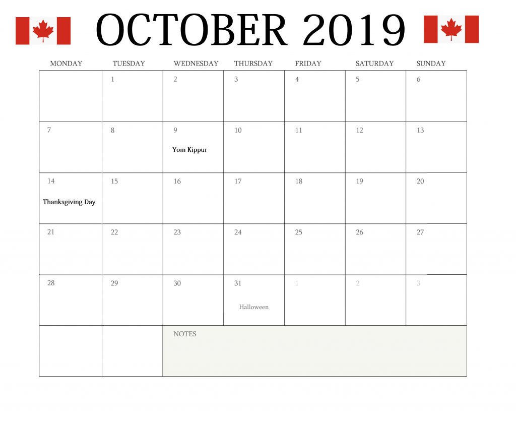 October 2019 Holidays Calendar Canada