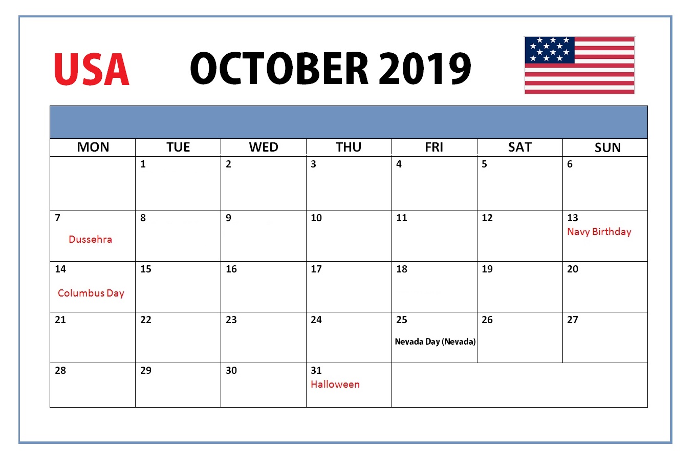 October 2019 Holidays Calendar United States