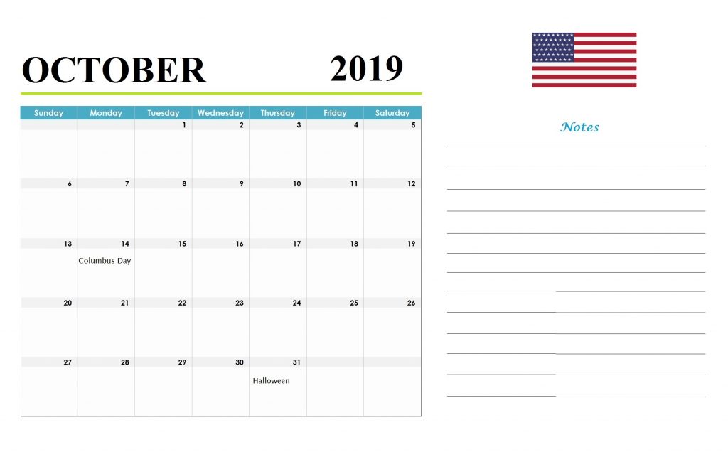 October 2019 USA Holidays Calendar