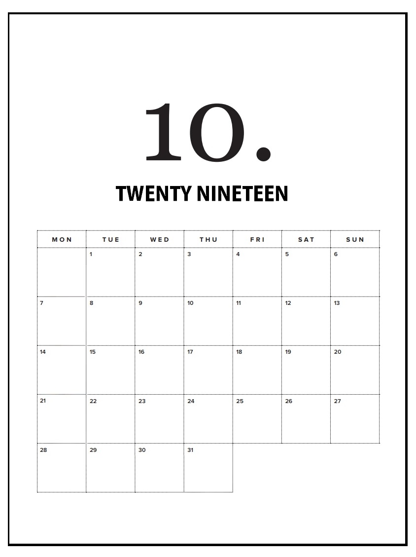 October 2019 Wall Calendar Printable