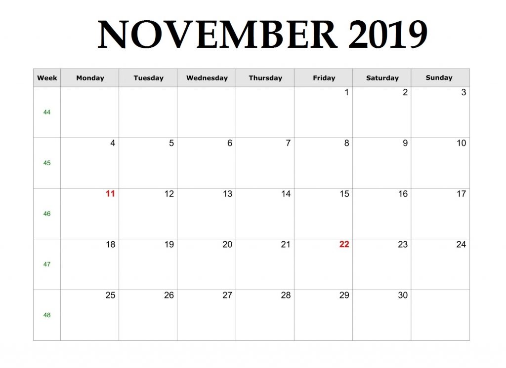 Editable November 2019 Calendar Template