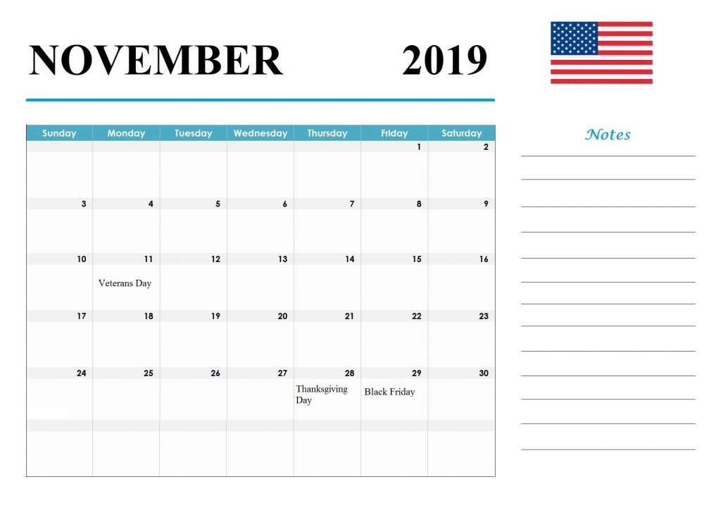 USA November 2019 Holidays Calendar