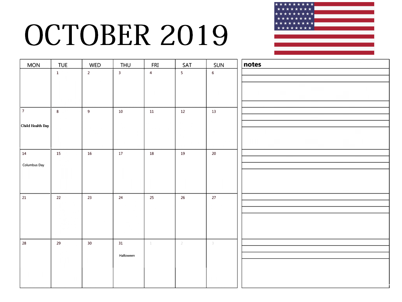 USA October 2019 Holidays Calendar