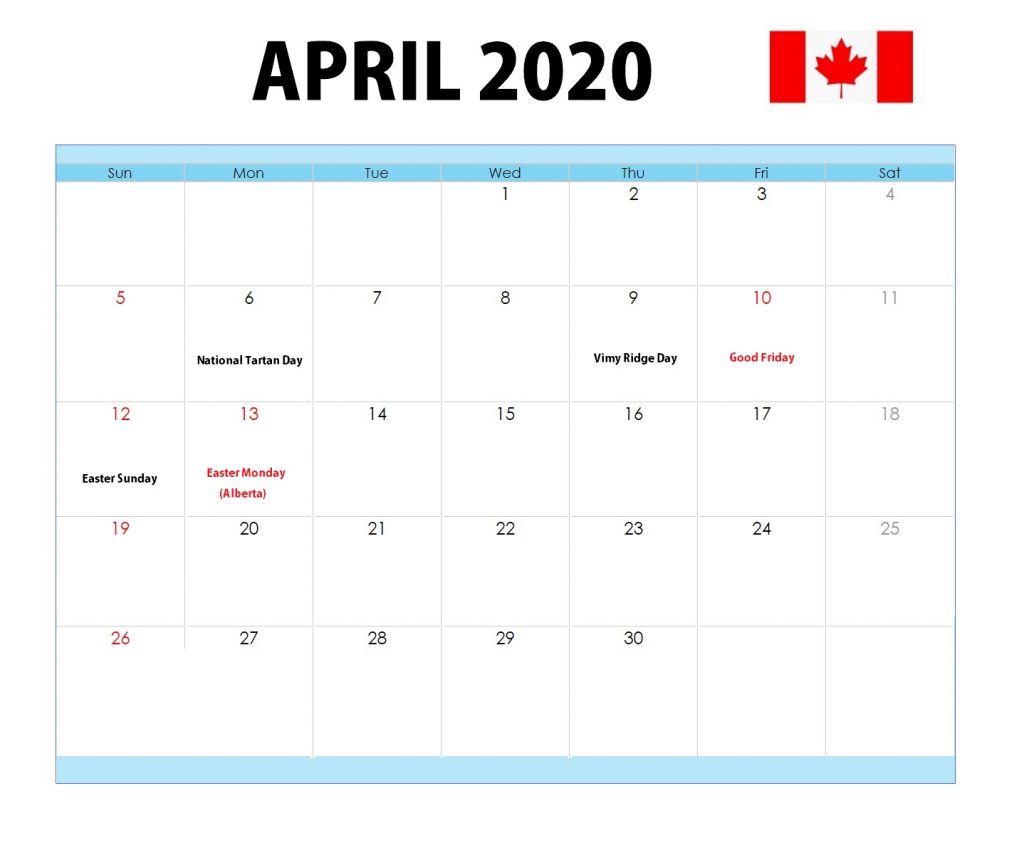 April 2020 Canada Holidays Calendar