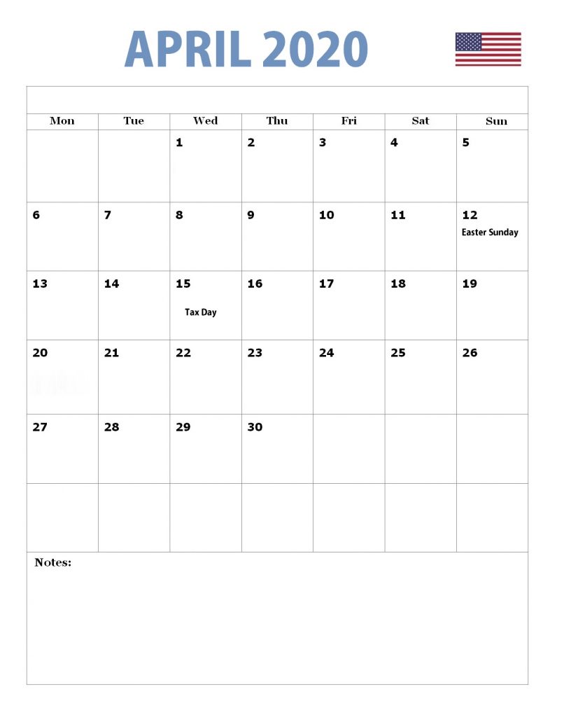 April 2020 USA Holidays Calendar