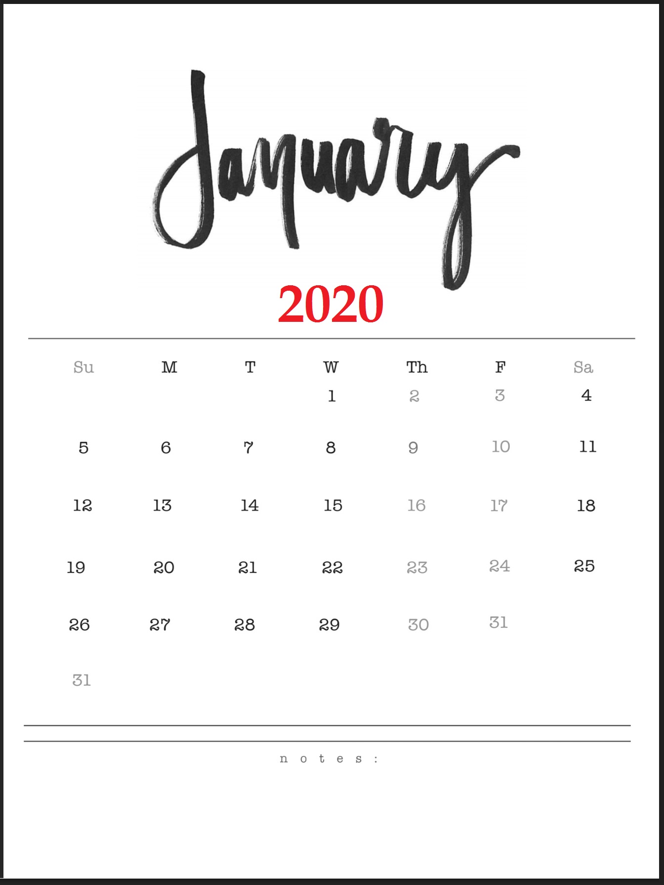 Beautiful January 2020 Calendar