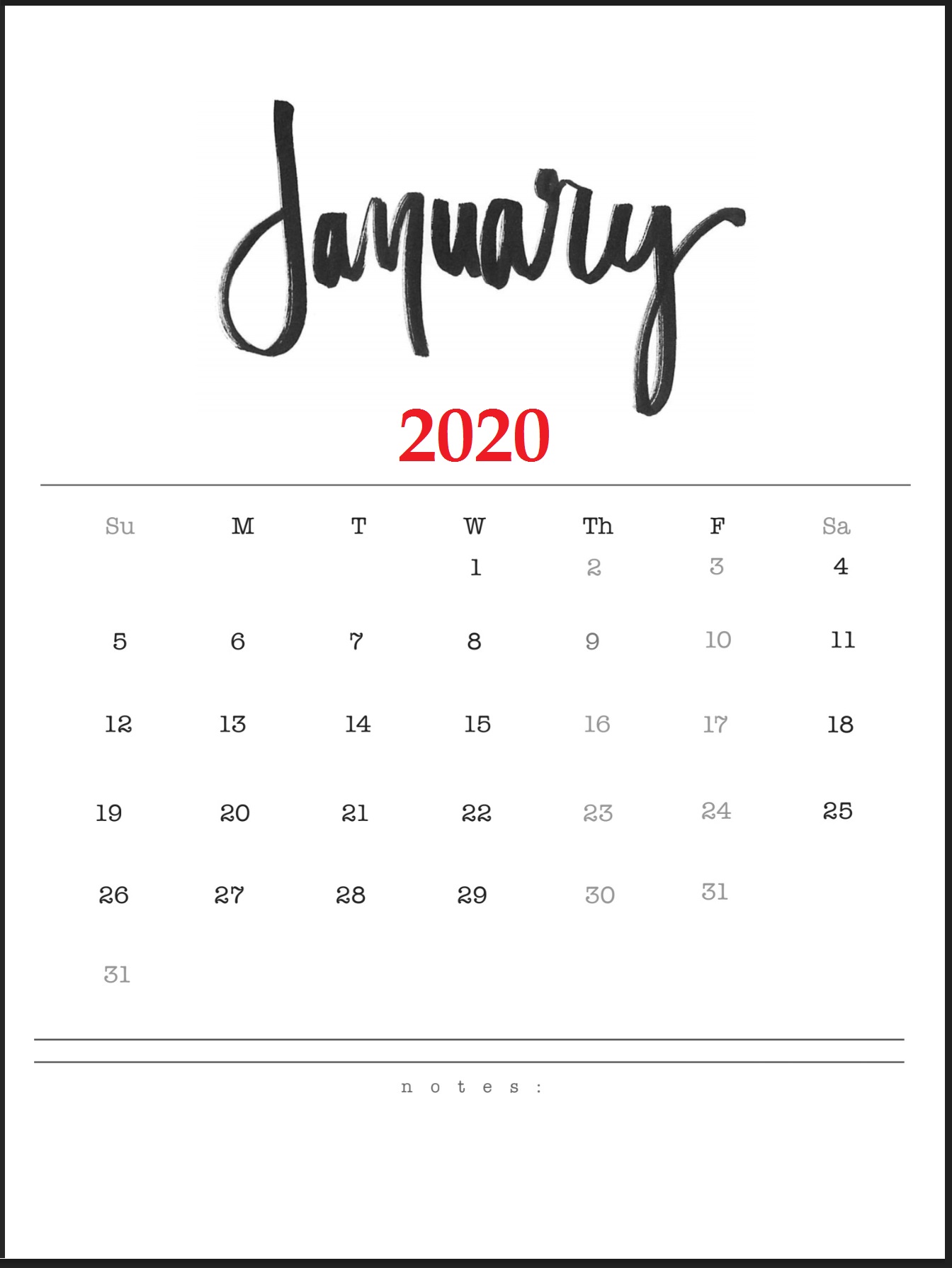 January 2020 Cute Calendar