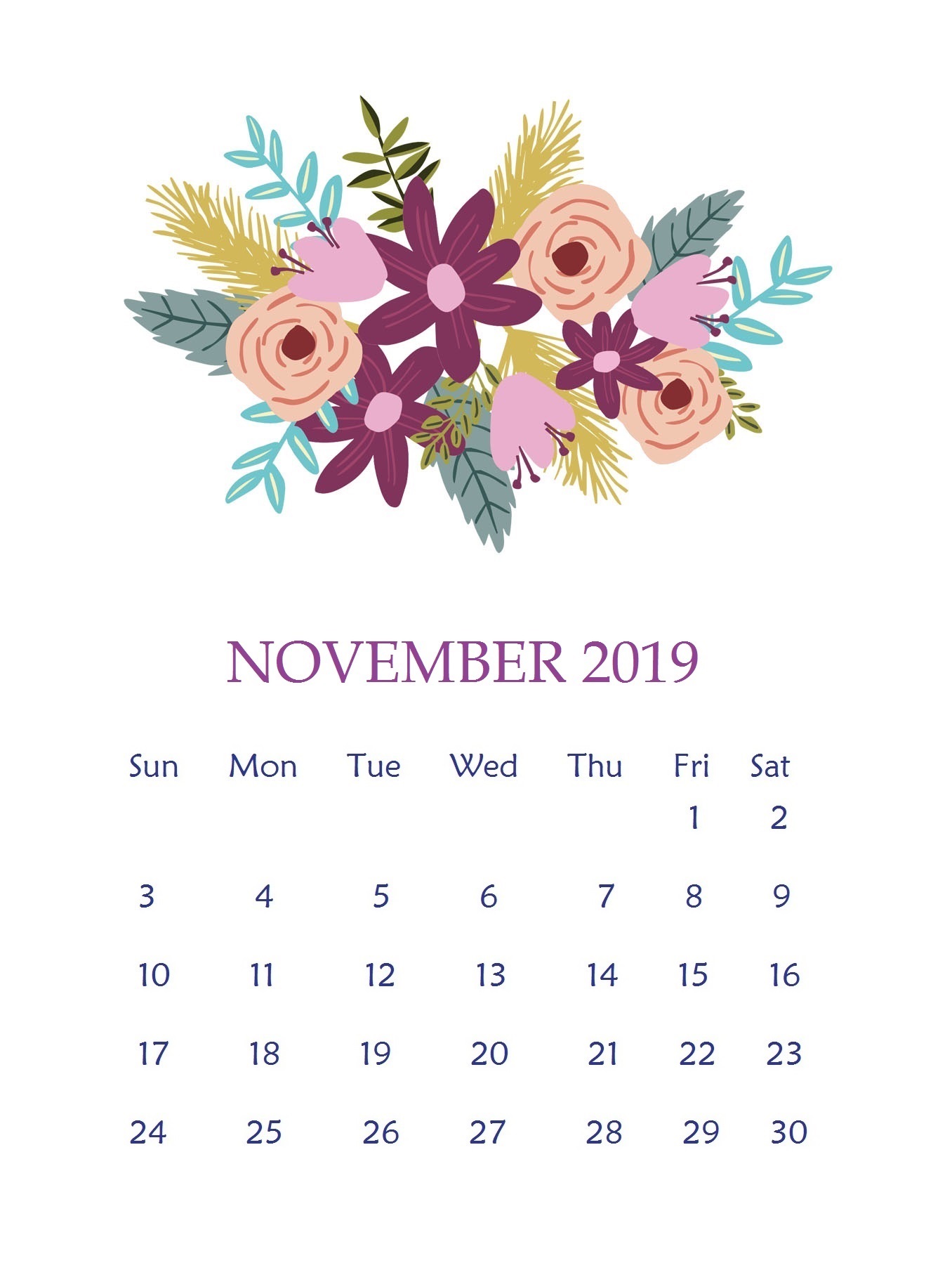 Beautiful November 2019 Floral Calendar