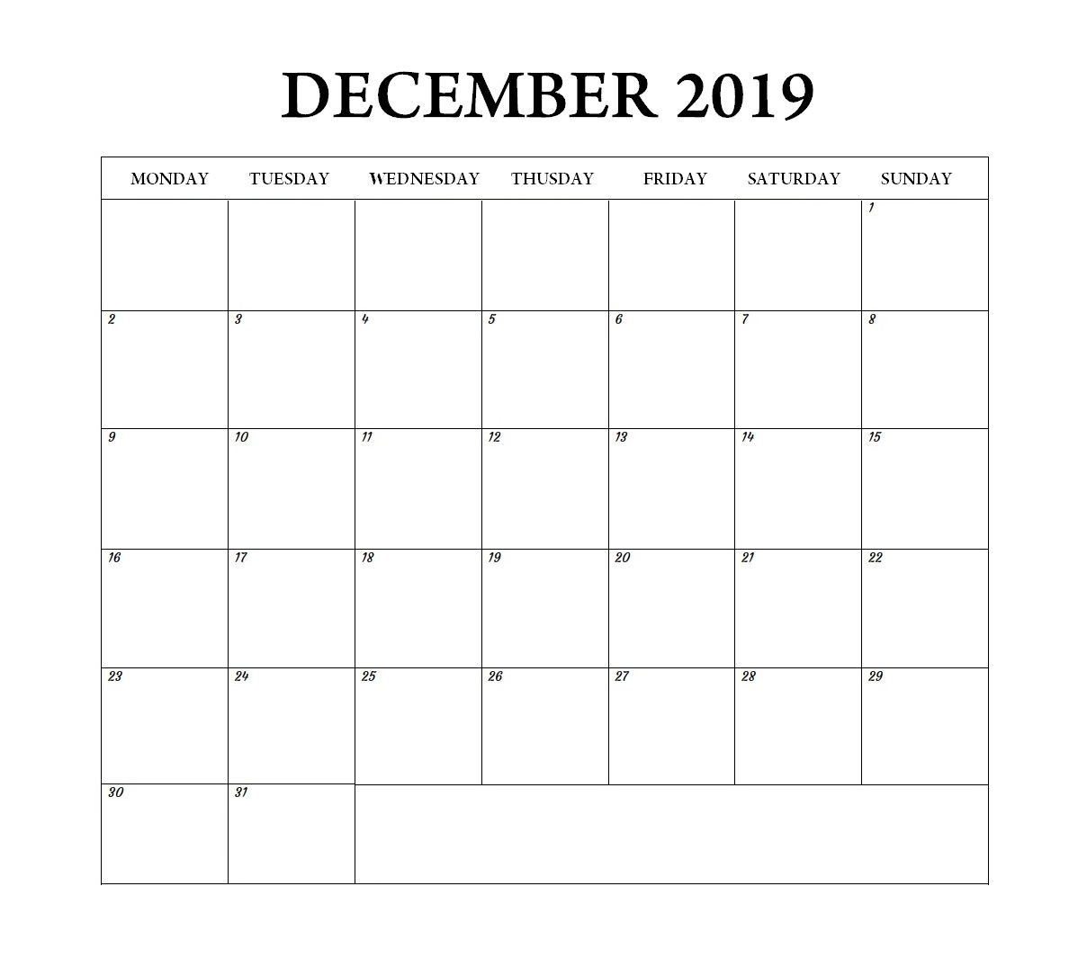 Blank December 2019 Weekly Planner