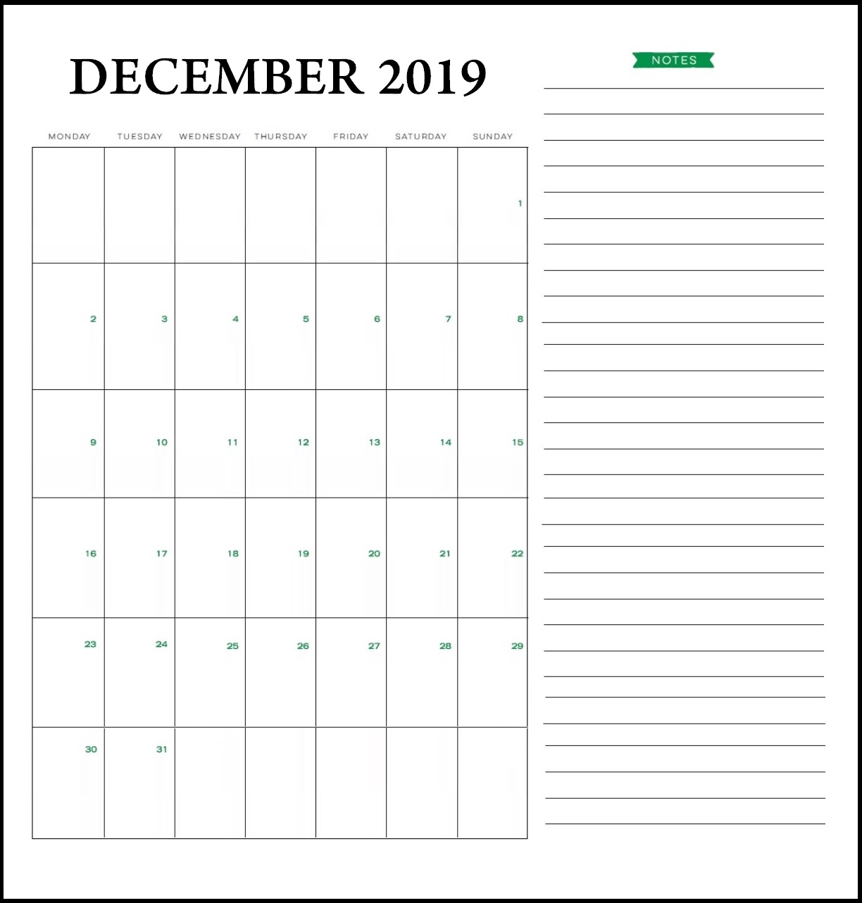 Blank December 2019 Word Calendar