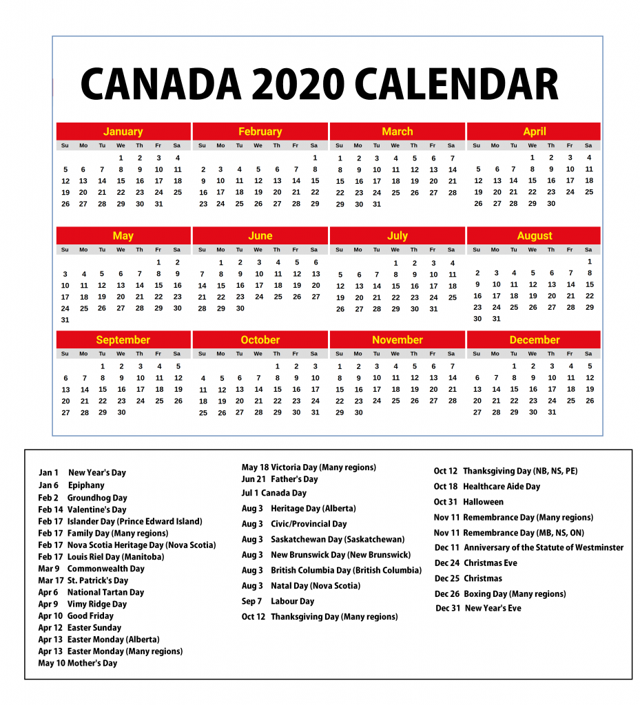 Canada 2020 Holidays Calendar