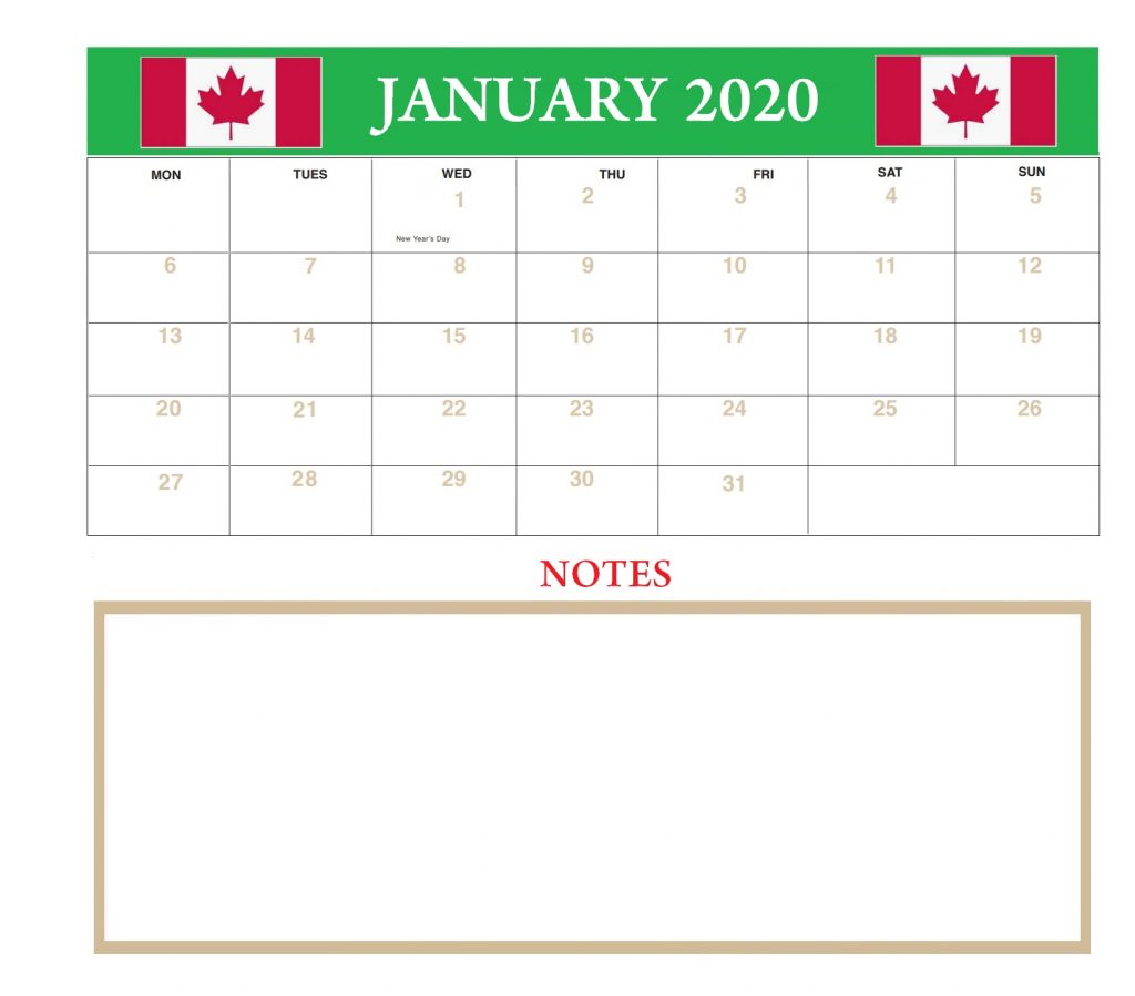 Canada January 2020 Federal Holidays Calendar