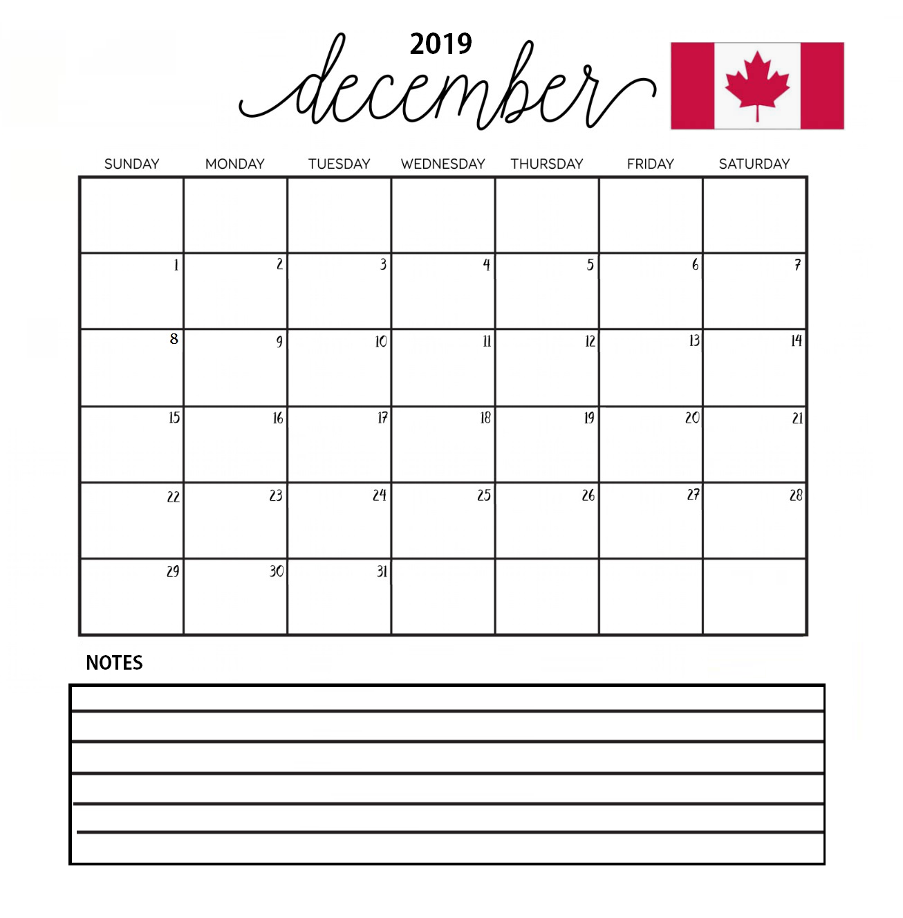 December 2019 Canada Bank Holidays