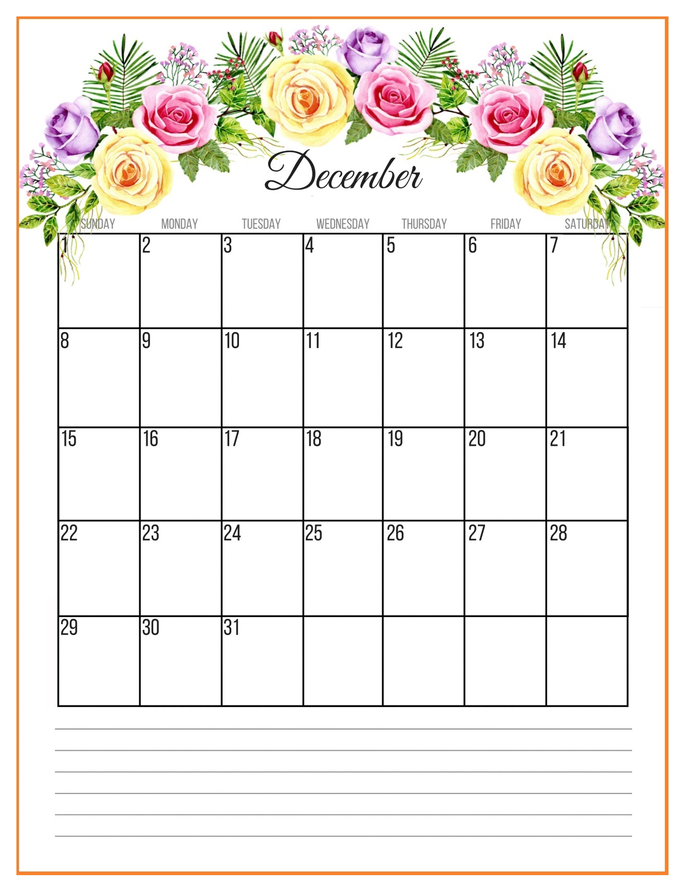 December 2019 Floral Wall Calendar