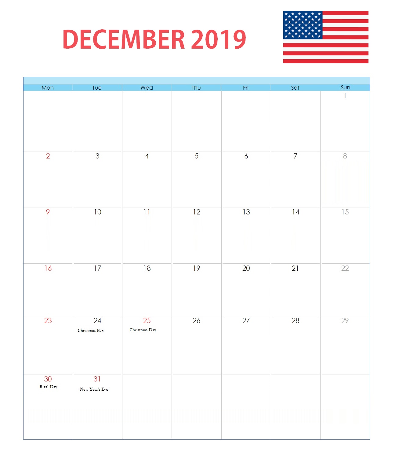December 2019 United States Holidays Calendar