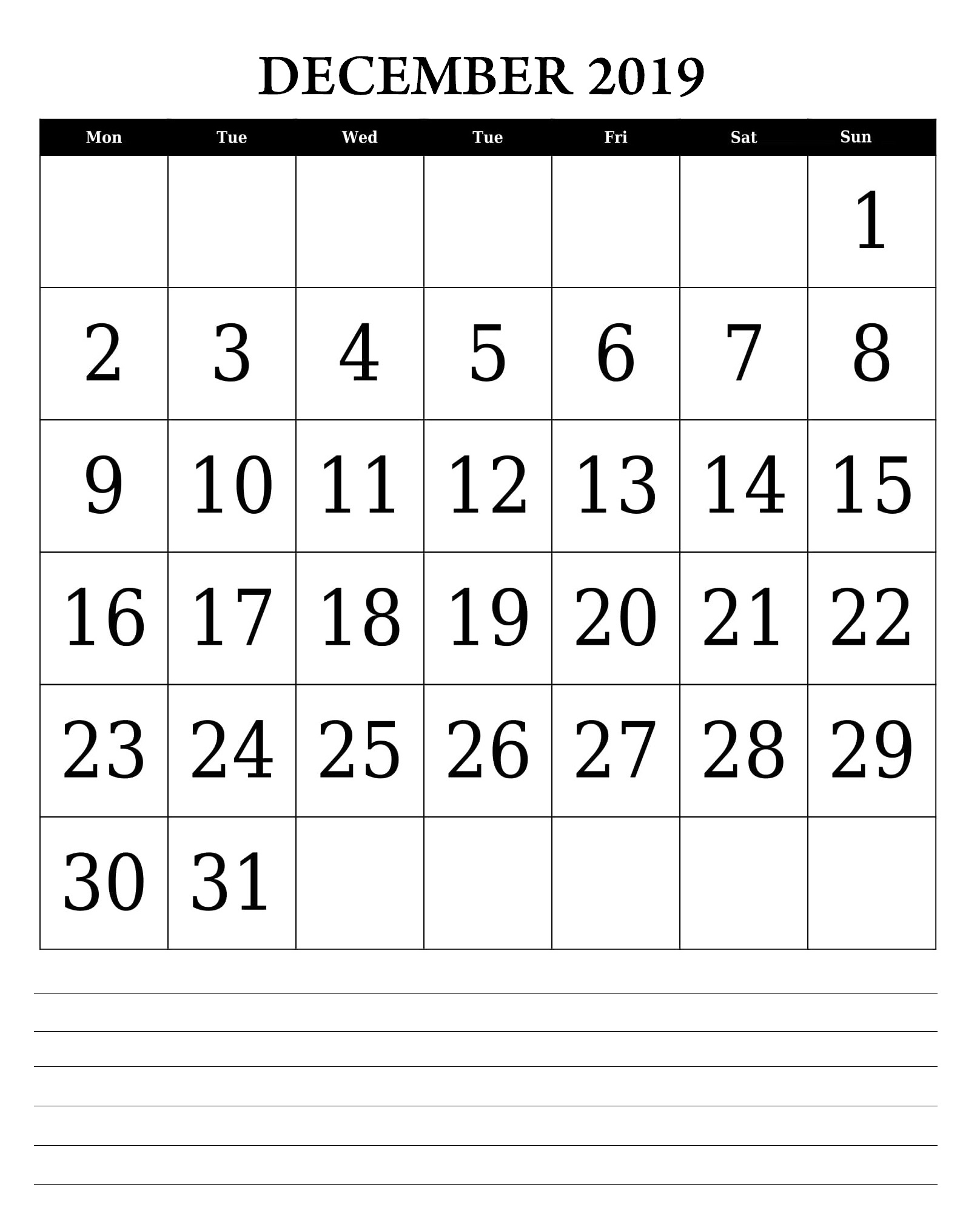 December 2019 Wall Calendar Template