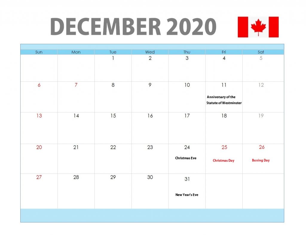 December 2020 Canada Holidays Calendar