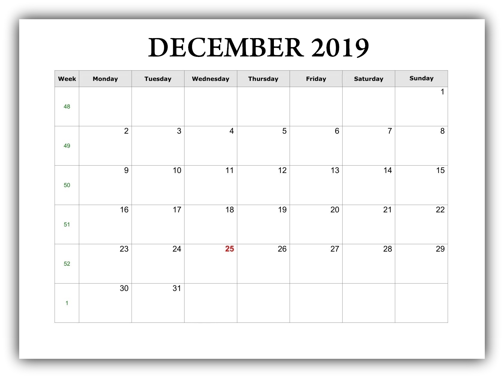 Editable December 2019 Blank Calendar