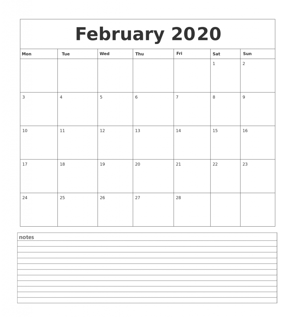 February 2020 Desk Calendar with Notes