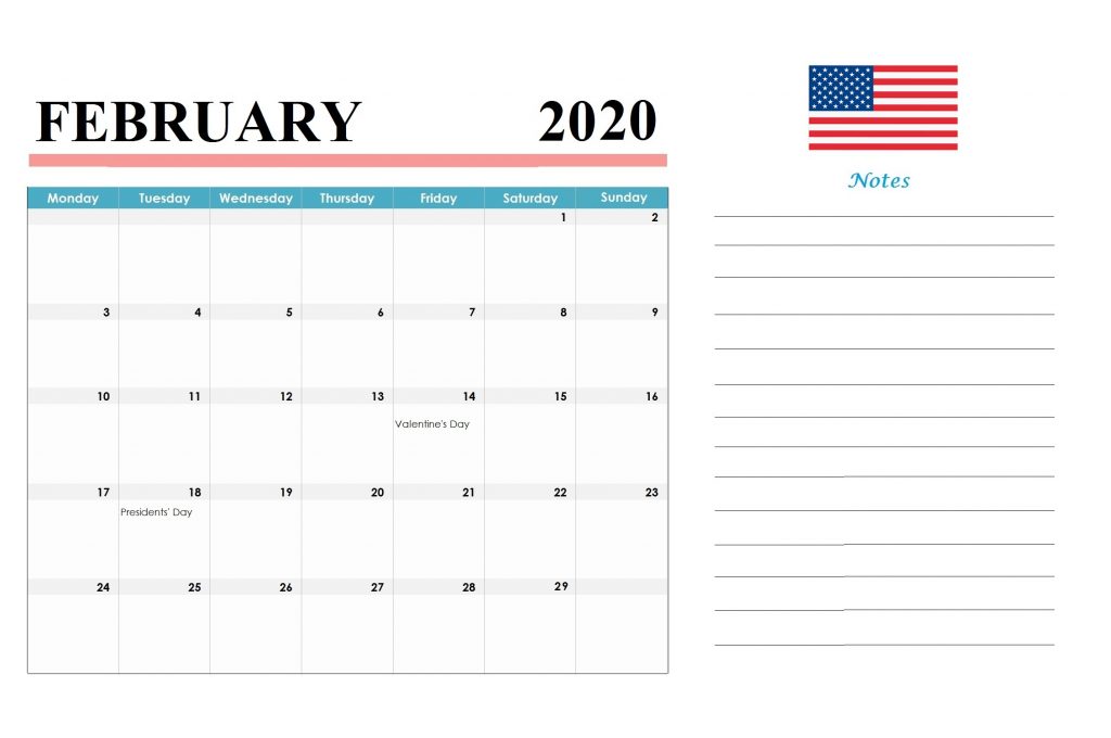 February 2020 Holidays Calendar Template