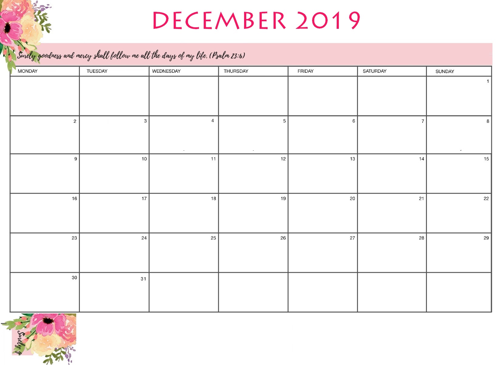 Floral December 2019 Wall Calendar