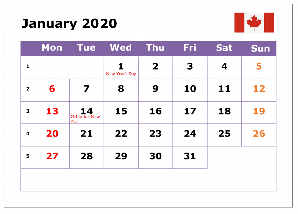 January 2020 Calendar With Canada Holidays