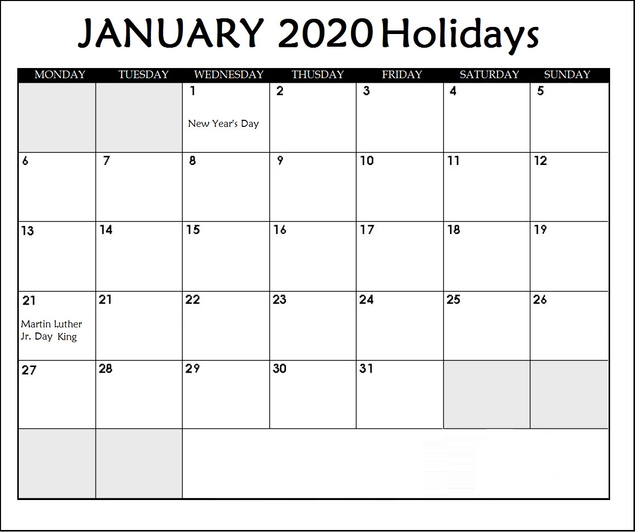 January 2020 Holidays Calendar