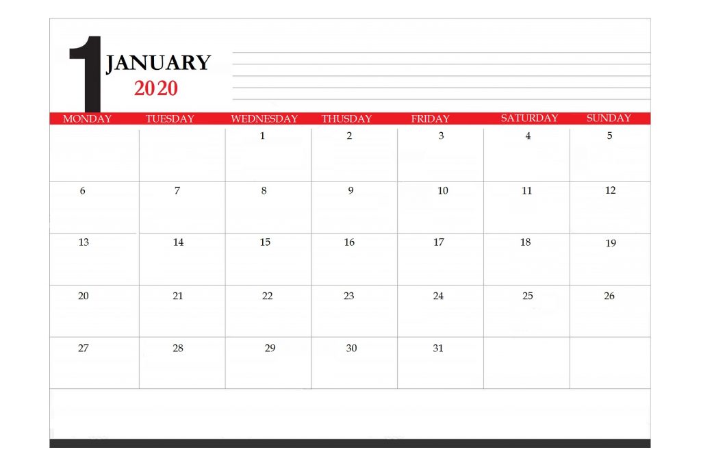 January 2020 Office Desk Calendar