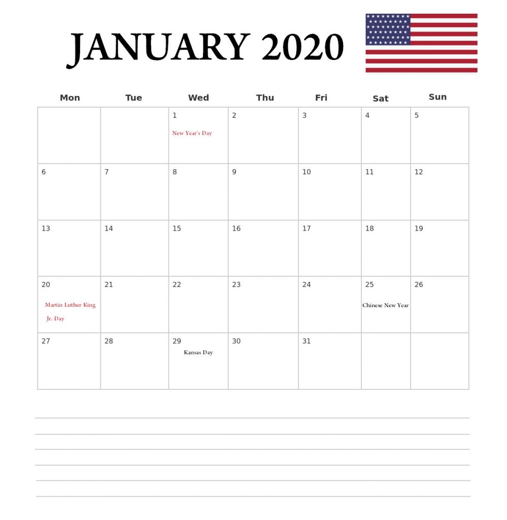 January 2020 USA Holidays Calendar