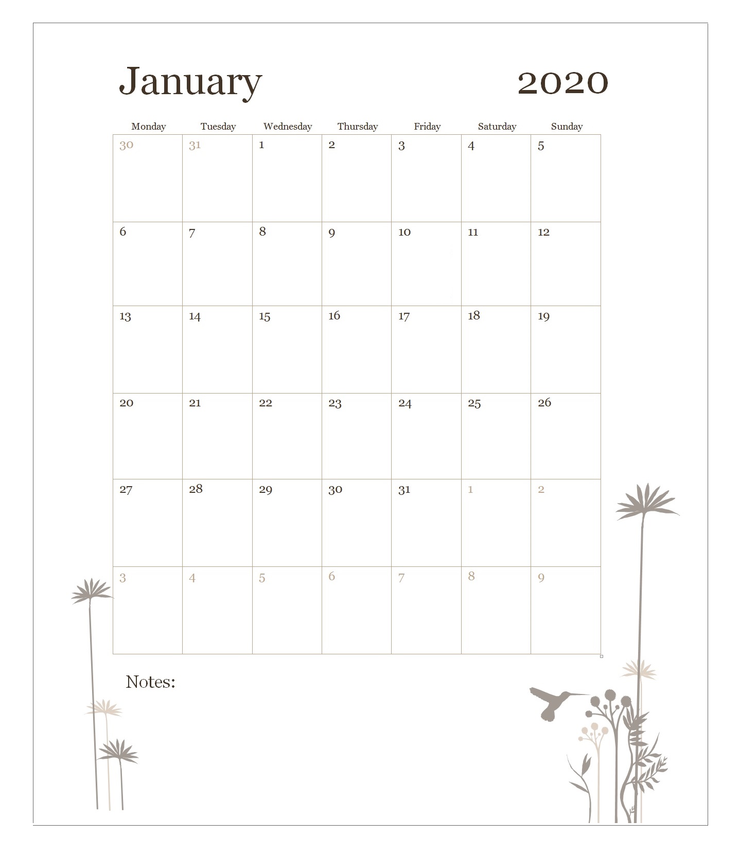 January 2020 Wall Calendar