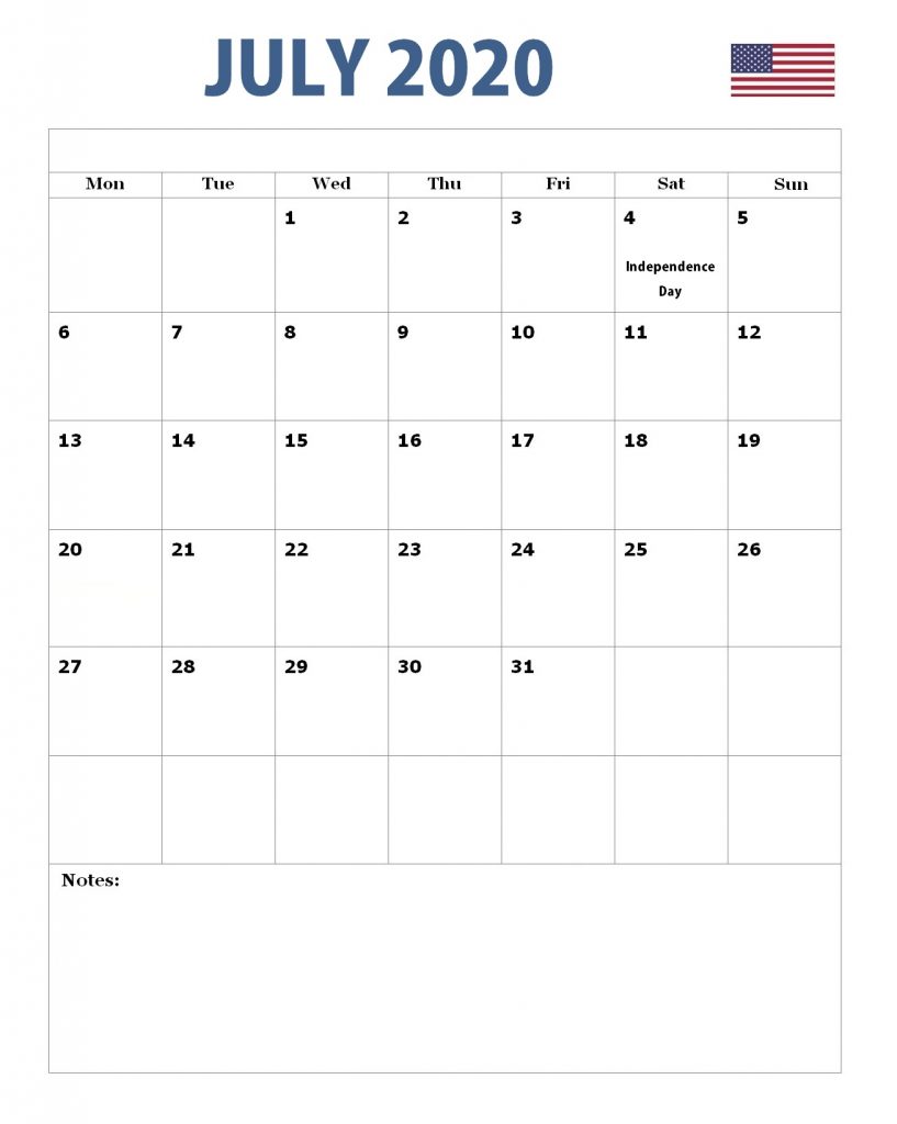 July 2020 USA Holidays Calendar