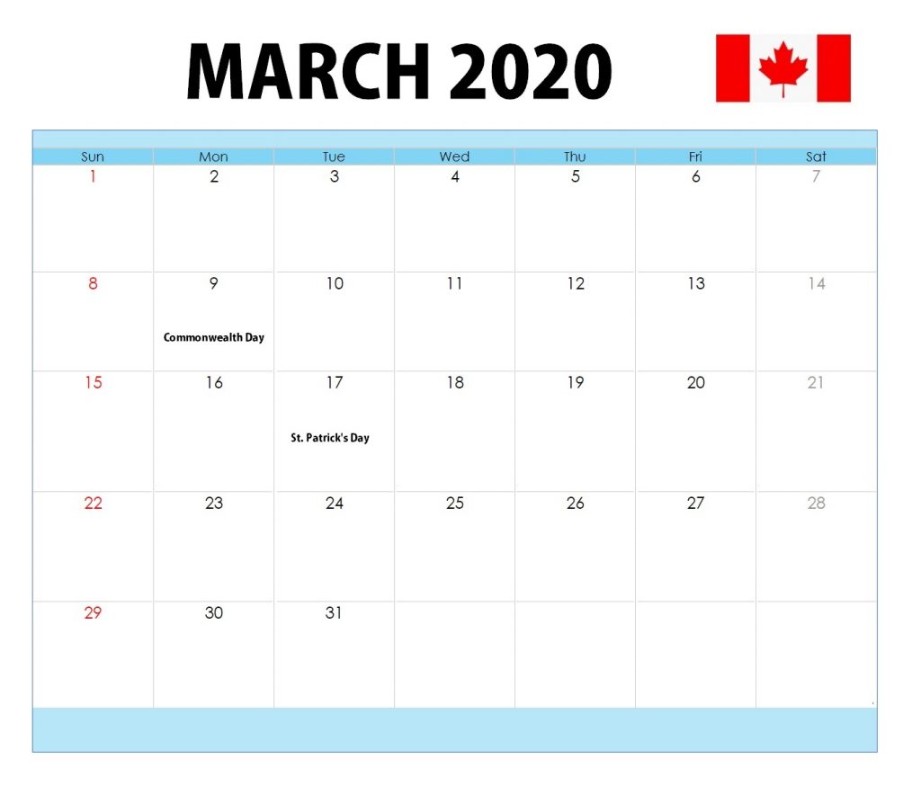 March 2020 Canada Holidays Calendar