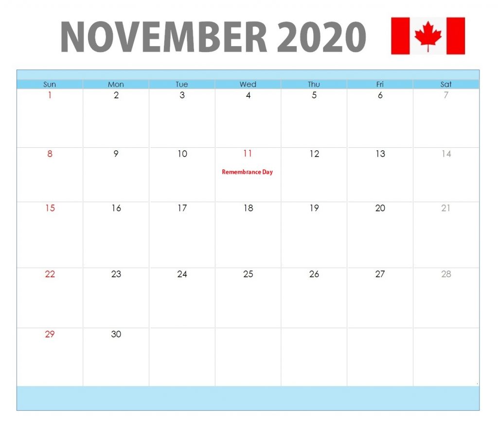 November 2020 Canada Holidays Calendar