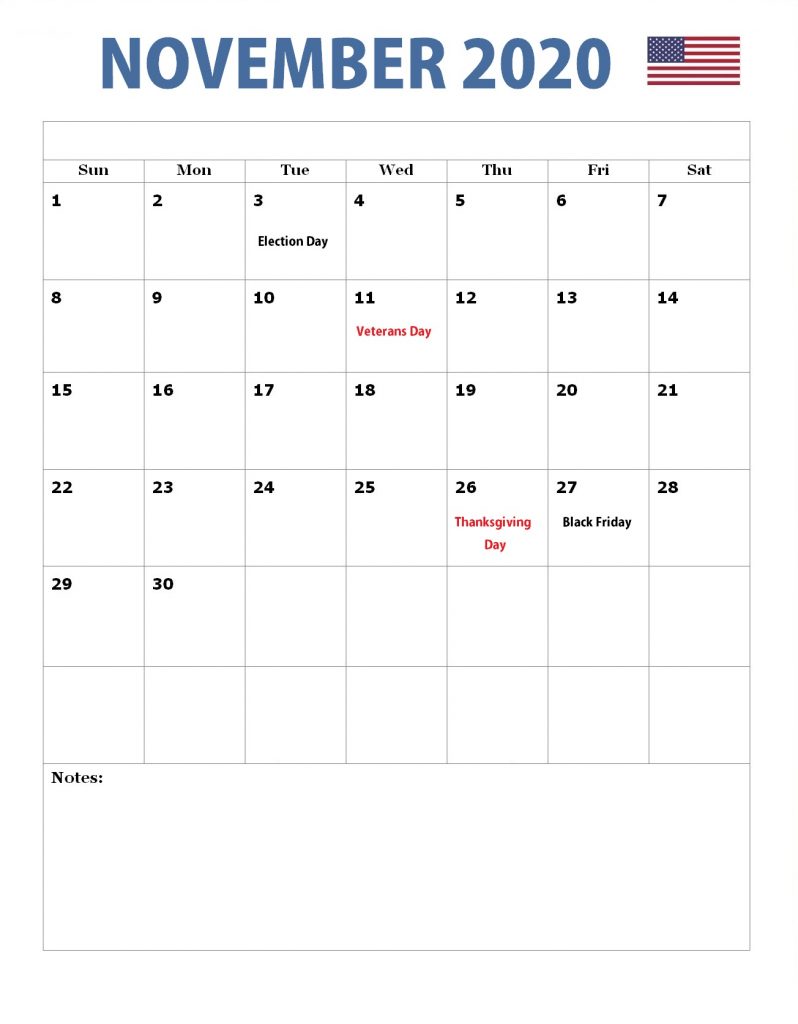 November 2020 USA Holidays Calendar