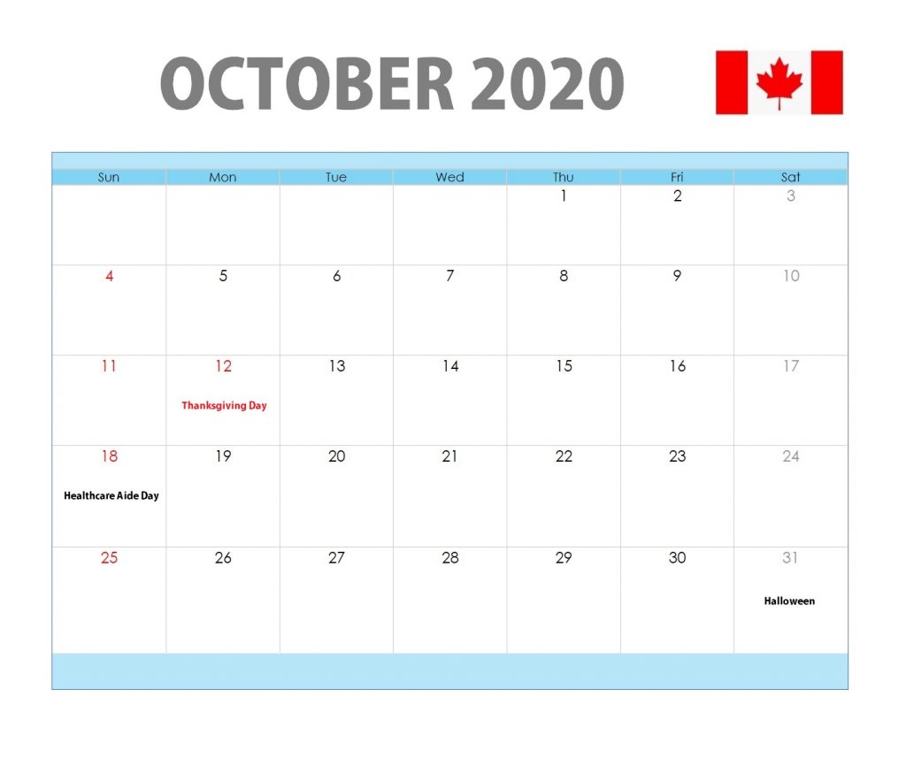 October 2020 Canada Holidays Calendar