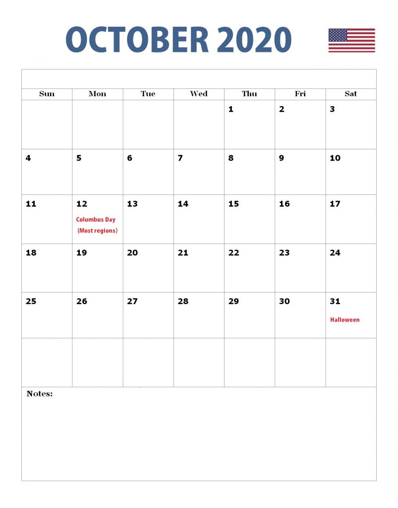 October 2020 USA Holidays Calendar