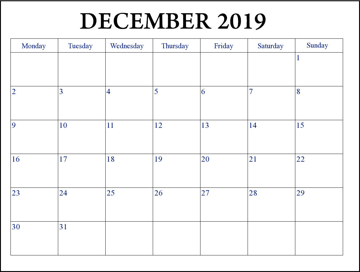 Print December 2019 Editable Calendar
