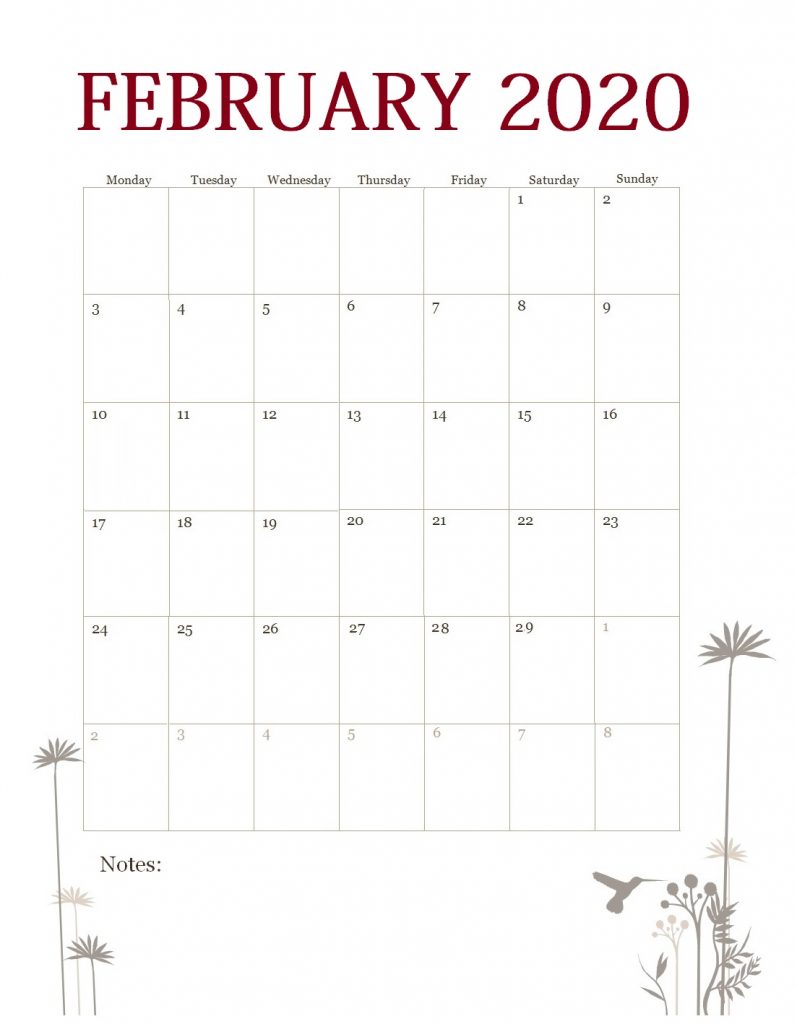 Print February 2020 Wall Calendar
