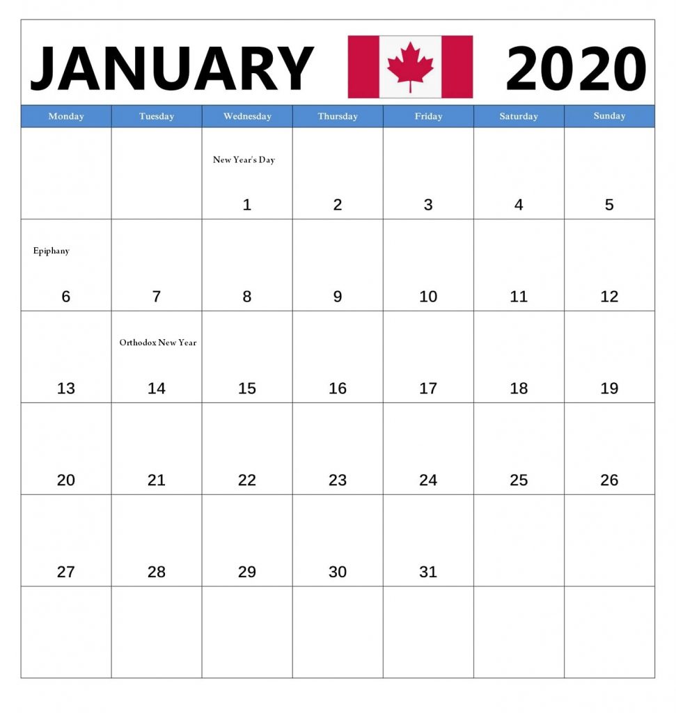 Print January 2020 Canada Calendar